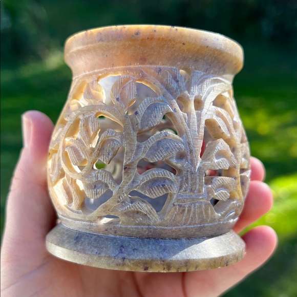 Vintage Boho Ornate Intricate Etched Handcarved Stone Votive Candle Holder - Picture 5 of 9